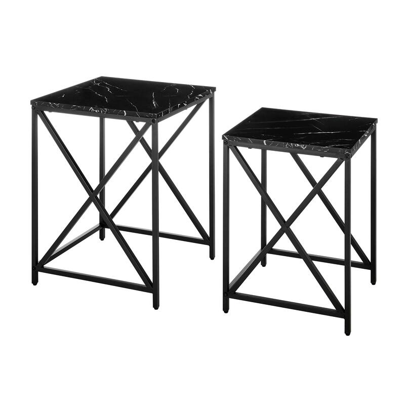 Modern Square Marble Finish Veneer Top Black Metal Frame Nesting End Tables - Set of 2