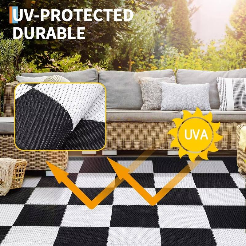 Outdoor Rug Checkerboard Geometric Plaid Pattern, Waterproof Plastic Straw Rug, UV Resistant Foldable Outdoor Rug