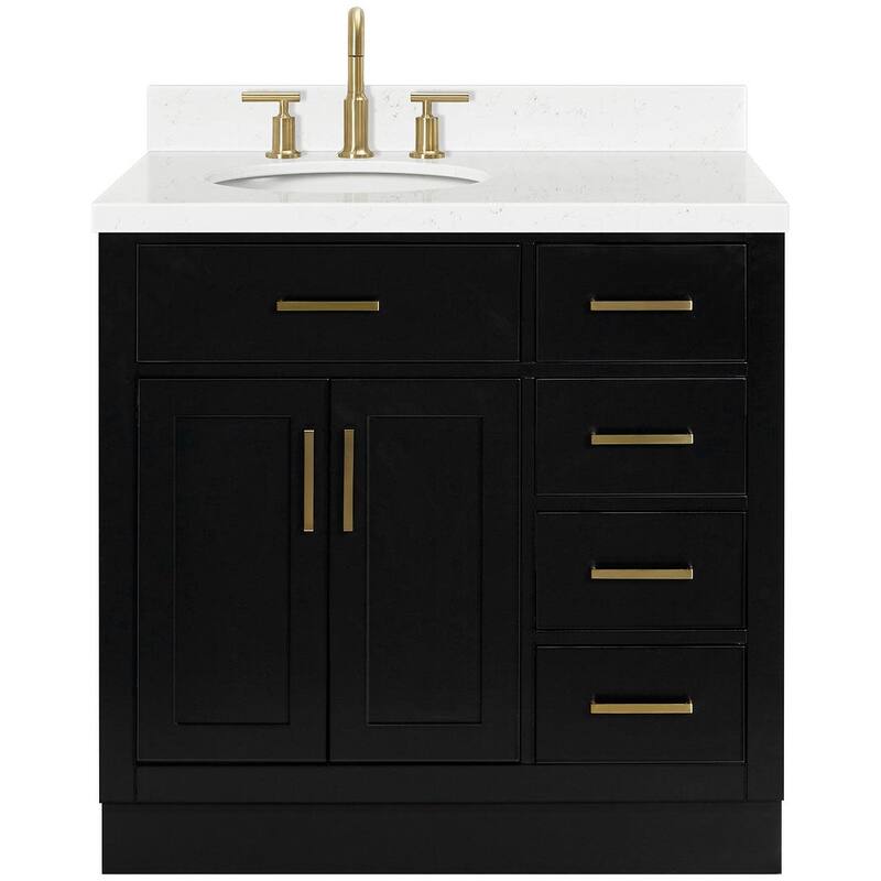 Ariel T036SLCQOVO Hepburn 36" Free Standing Single Oval Basin Vanity - Black / Carrara White Quartz / Satin Brass