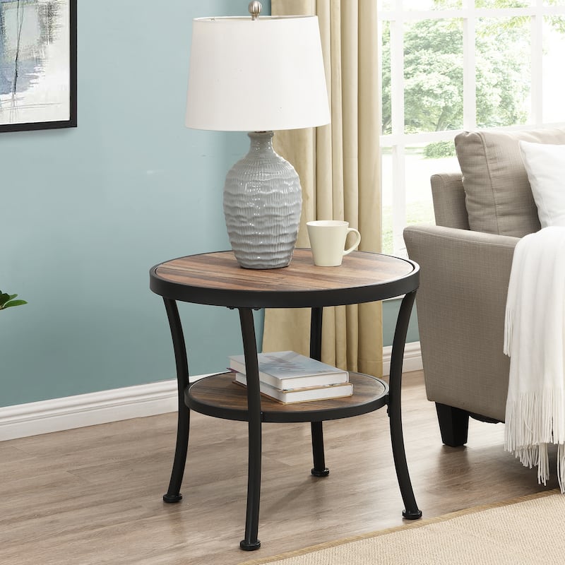 Myhozm Rustic Round End Table with Storage, Industrial Side Table for Living Room