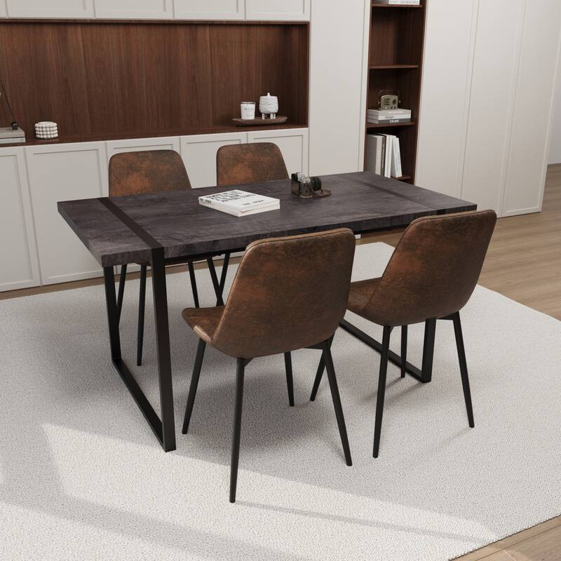 Modern 5-Piece Dining Set with Rectangular Metal Base Table & 4 Square Corner Suede Chairs