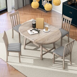 5-Piece Wood Dining Table Set Round Extendable Dining Table with 4 ...