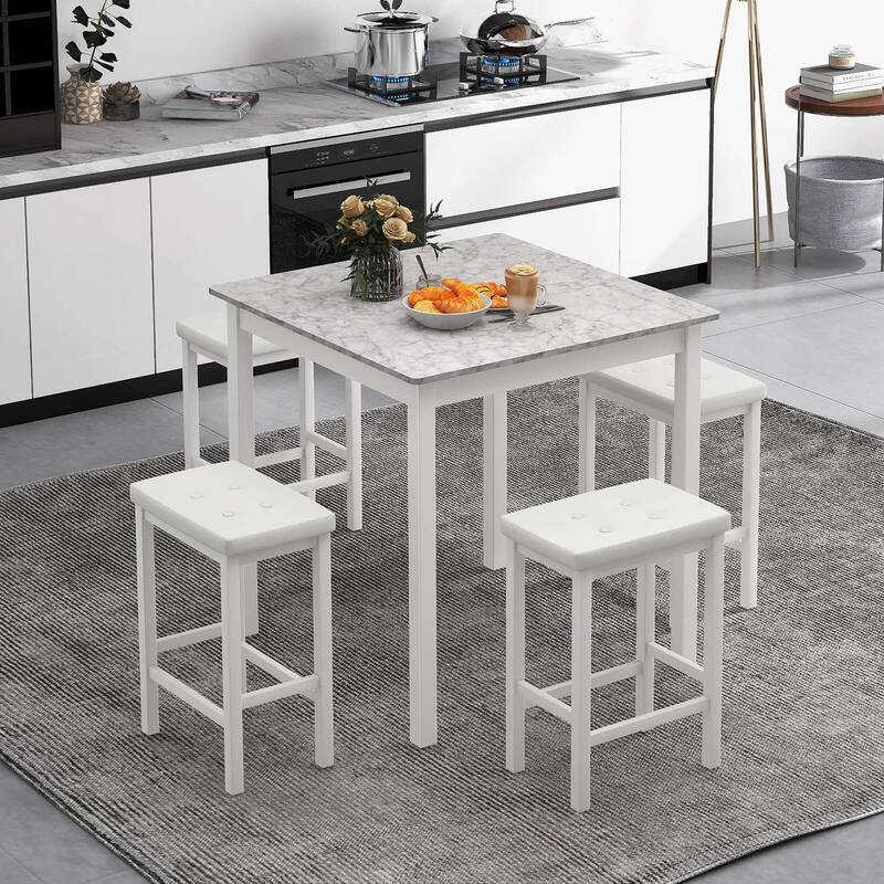 Costway 5 PCS Bar Table Set Square Dining Table & 4 PVC Leather