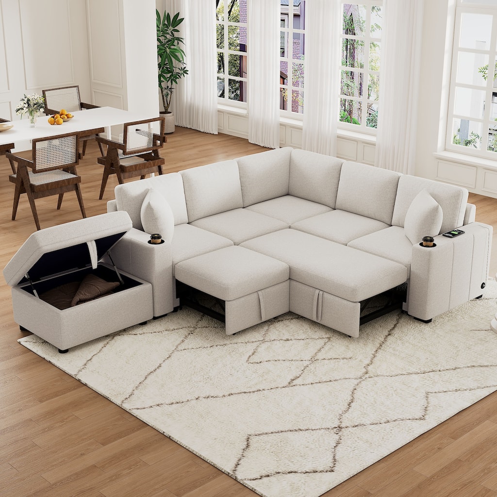 84.7" Chenille Sleeper Sectional Sofa with Storage & USB Ports