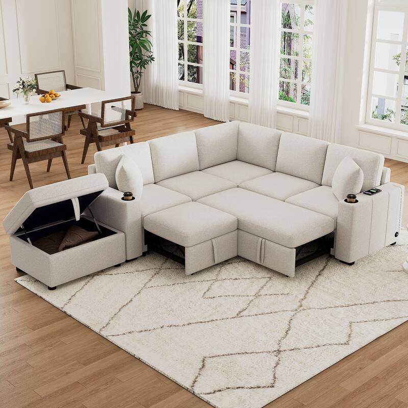Modern Modular Sectional Sofa with Pull Out Bed and Storage Ottoman and USB Ports for Living Room or Guest Room