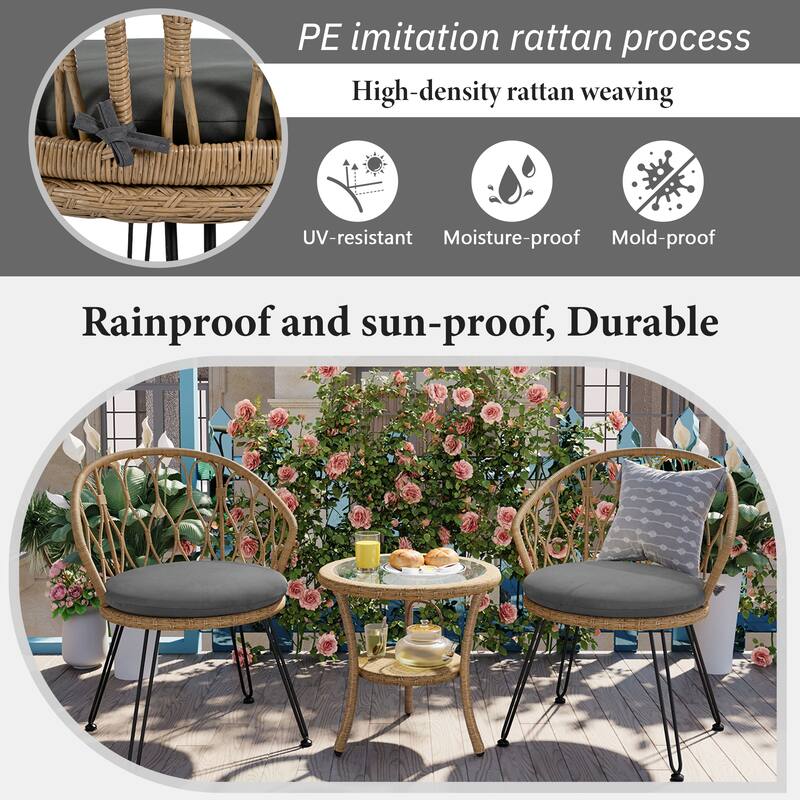 3-Piece Outdoor Patio Rattan Conversation Leisure Chairs Set with 2 Chair and Glass Coffee Table