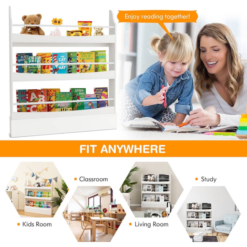 Gymax 3-Tier Kids Bookshelf Toy Storage Bookcase Rack Wall w/