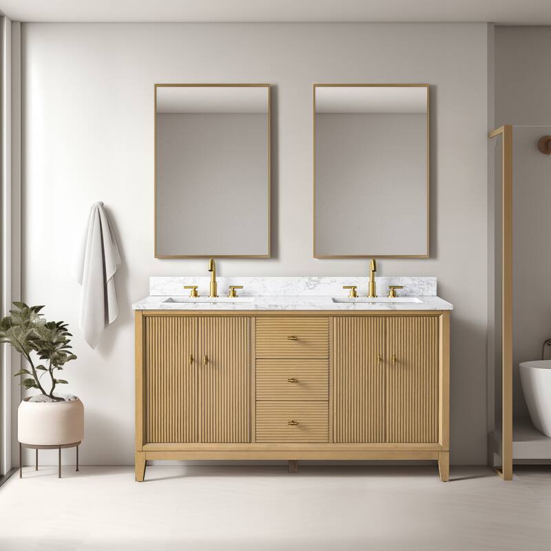 Vanity Art 60" Freestanding Bathroom Vanity with Engineered Marble Top and Sinks - 60"/Golden Brushed - Natural Oak