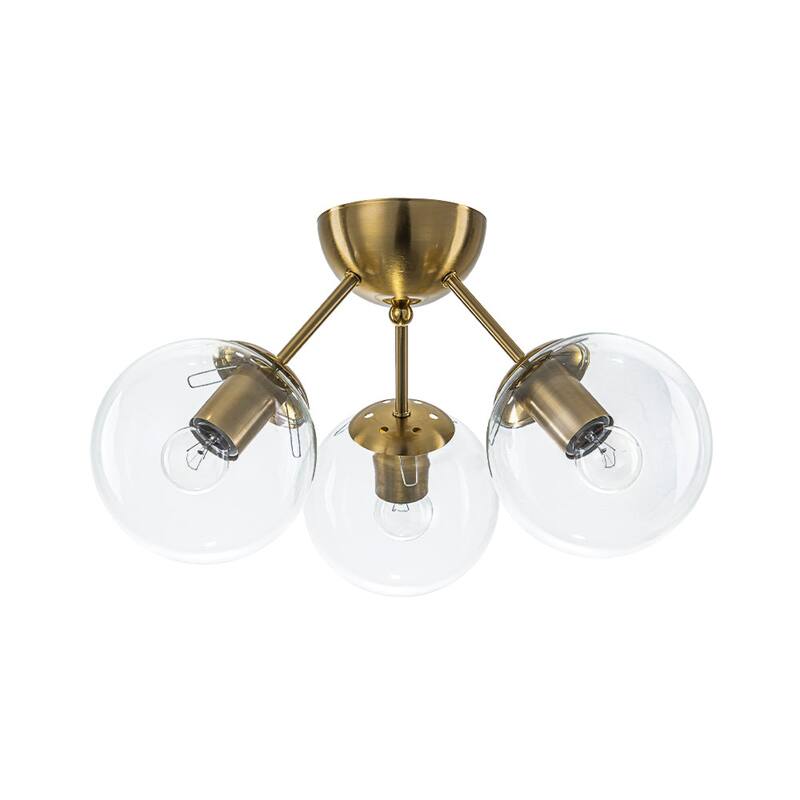 3-Light Brushed Brass Glass Globe Sputnik Semi Flush Mount