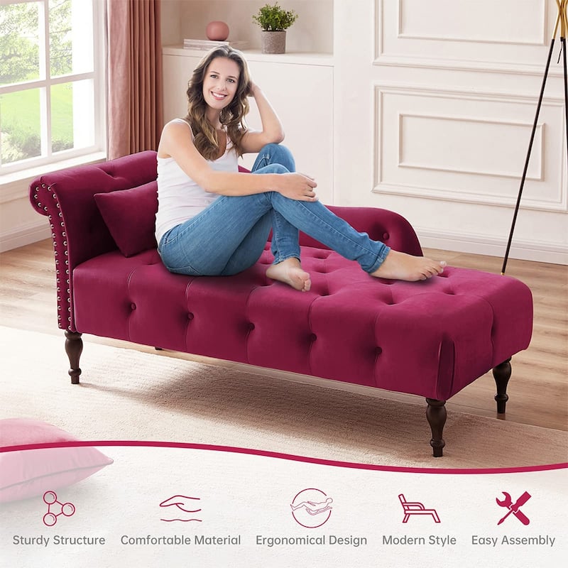 60"W Velvet Chaise Lounge, Tufted with Pillow & Nailhead Decorate - 60.6W" x 27.5D" x 28.3"H