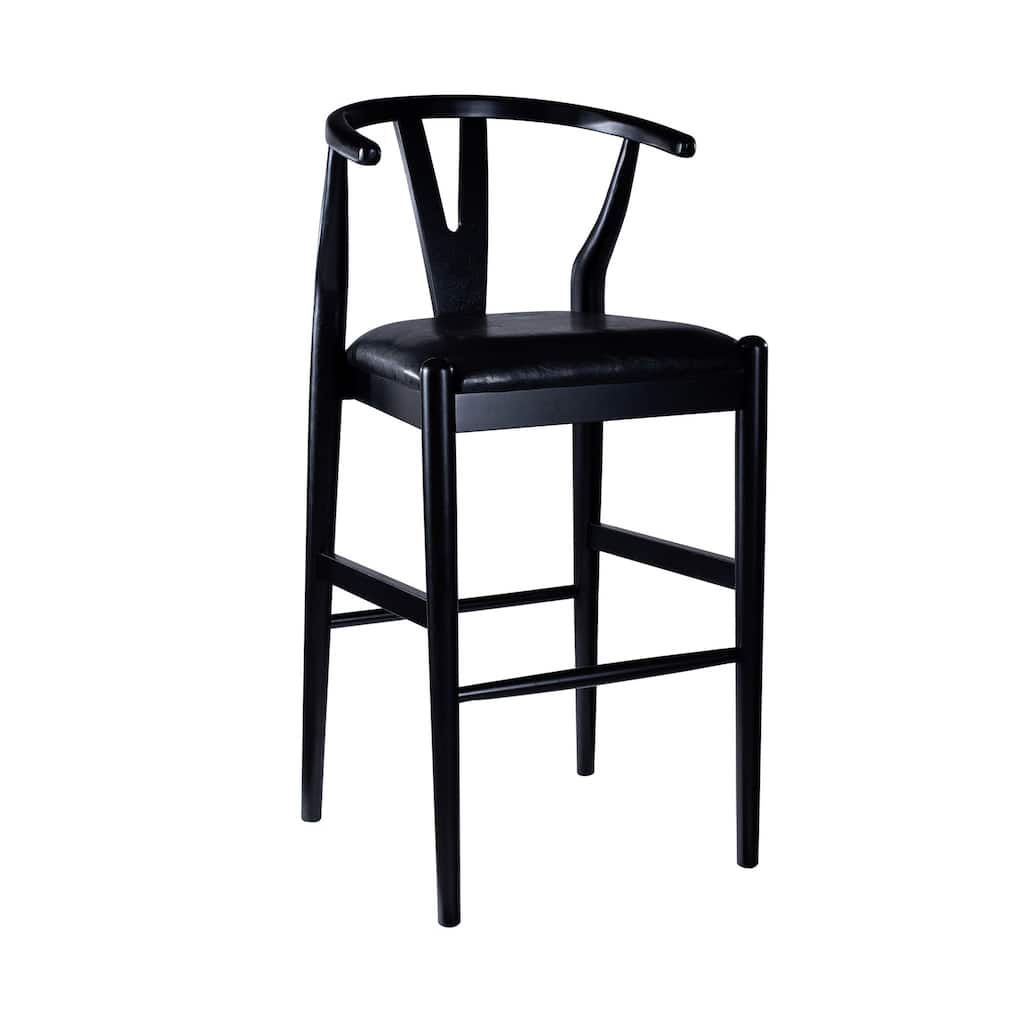 Cera Barstool Chair Set of 2, Rich Faux Leather Seat, Black Rubberwood