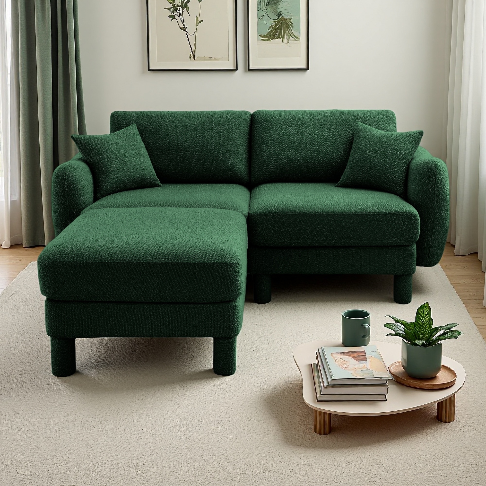 78" Boucle Loveseat 2-Seater Sectional Sofa with Shell Armrests & Removable Ottoman