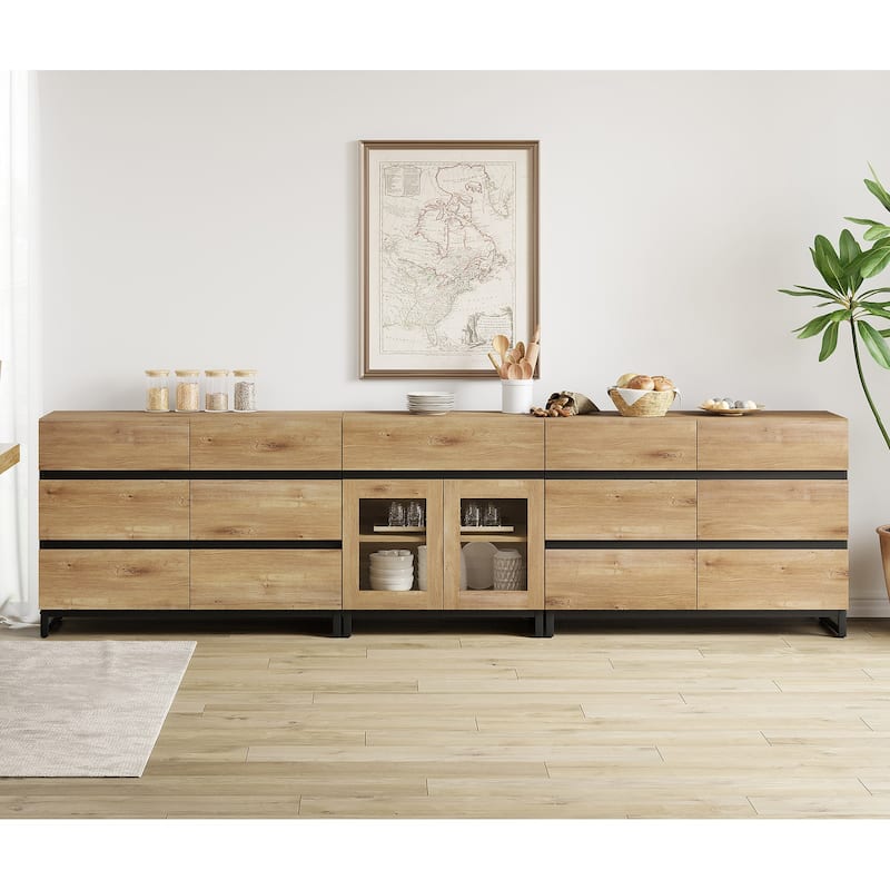 WAMPAT 3 in 1 Modern Sideboard with Glass Doors and 3 Drawers, Coffee Bar Cabinet for Kitchen