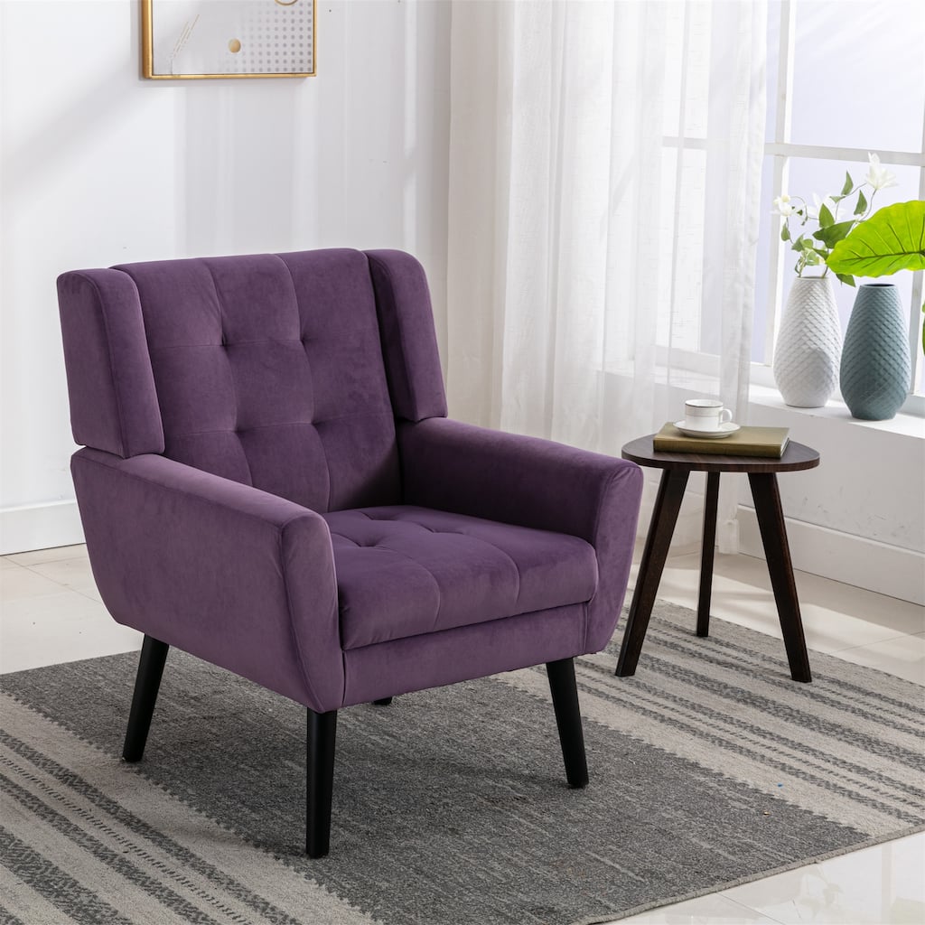 Lavender PUrple Velvet Modern 29.53" Upholstered Buttons Tufted Accent Chair with Black Solid Wood Legs
