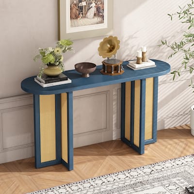 Acacia Veneer Rattan Console Table Narrow Hallway Tables with Oval Table Top, Entryway Table with Storage Drawers Navy Blue