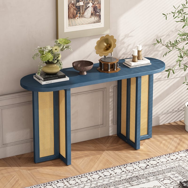 Boho Rattan Console Table, 47.8" Entryway Sofa Table with Oval Top, Narrow Hallway Table for Living Room, Entrance