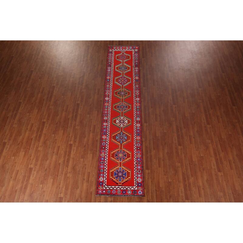 Red Geometric Anatolian Turkish Runner Rug Handmade Silk Carpet - 2'9"x 12'11"