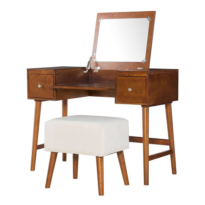 47" Walnut Brown Mid Century Vanity Set with Mirror and Stool