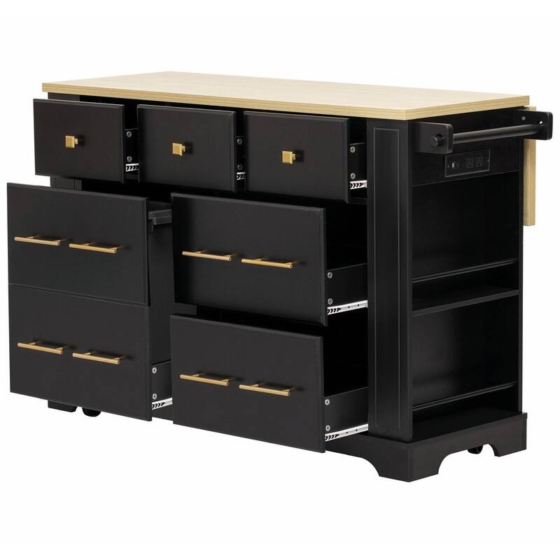 Rolling Kitchen Island with 6 Drawers, Pull-Out Trash Can Storage, Drop Leaf, Power Outlet & Side Racks