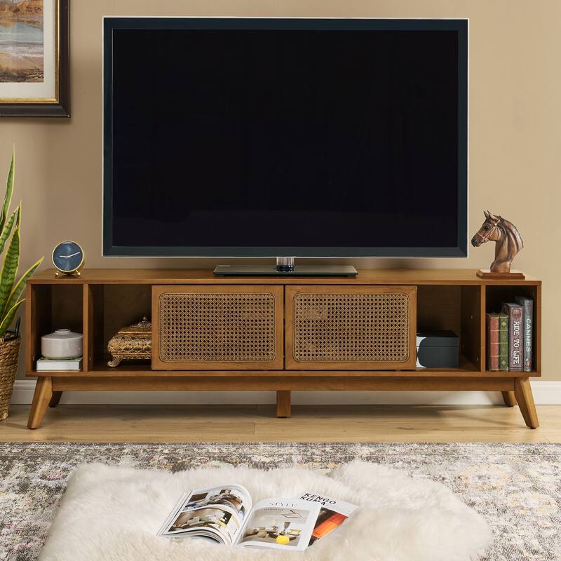 67.9" Rattan TV Cabinet with Sliding Doors and Adjustable Feet
