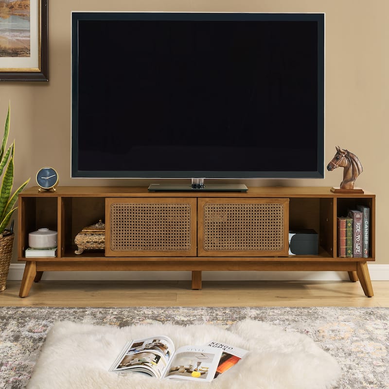67.9 Inch Modern Rattan TV Stand for TVs up to 75", Entertainment Cabinet, Media Console,Solid Wood Feet & Rattan Cabinet Doors