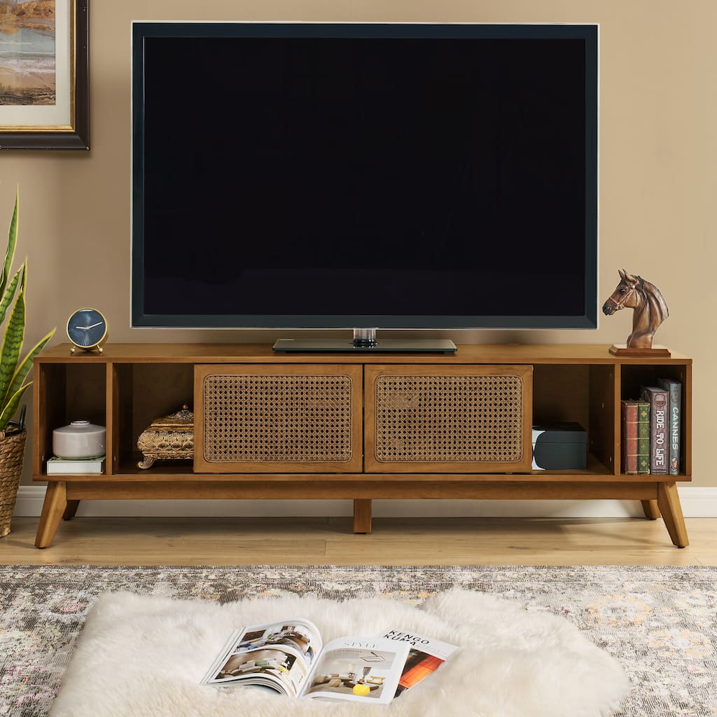 Mid Century Modern Rattan TV Stand Entertainment Center for TVs up to 75", Sliding Doors Television Cabinet TV Console