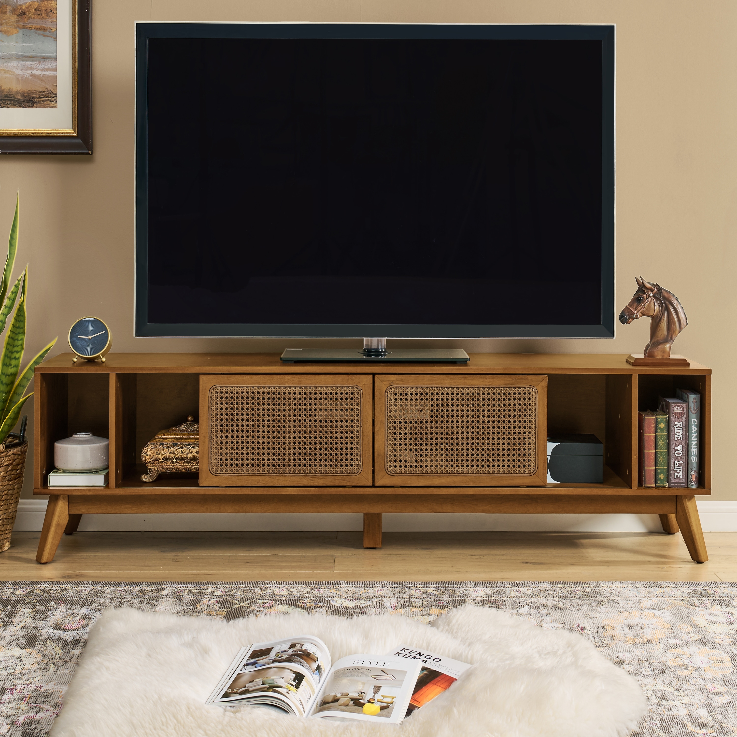 Mid Century Modern Rattan TV Stand Entertainment Center for TVs up to 75", Sliding Doors Television Cabinet TV Console