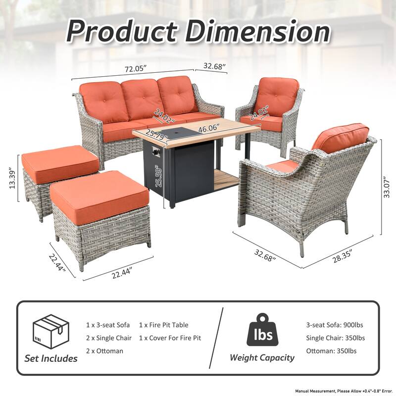 HOOOWOOO 6-piece Wicker Patio Furniture Set with Fire Pit Table