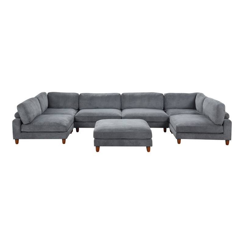 Furniture of America Sienta Modern 7-Piece Corduroy Modular Sectional Set with Ottoman