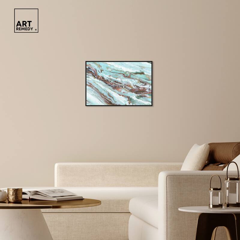 Art Remedy Mint Waves Framed Blue Abstract 1 Piece Canvas Wall Art