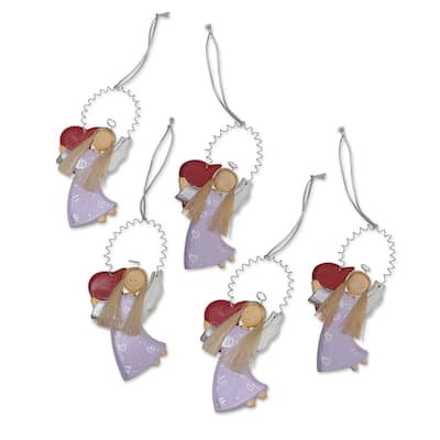 Novica Handmade Love Delivery In Lilac Wood Holiday Ornaments (Set Of 5)