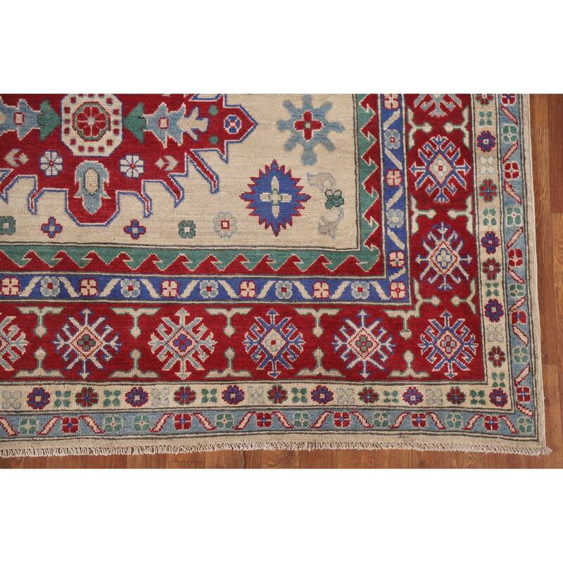 Hand Knotted Oriental 100% Wool Carpet Traditional Geometric Beige & Ivories Kazak Area Rug - 10' 1'' X 6' 7''