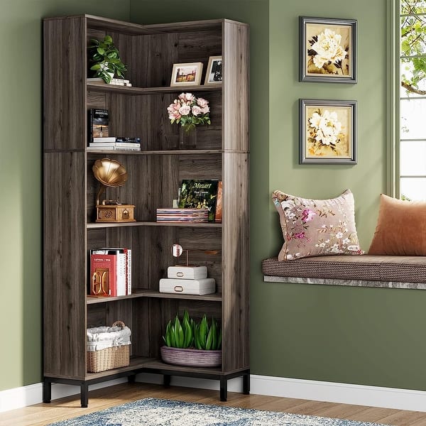 Corner Bookshelf 72.8in Farmhouse Bookcase Large Bookshelf Wood Tall 5 Tier Shelf L Shaped Storage Display Rack Living Room Bedroom
