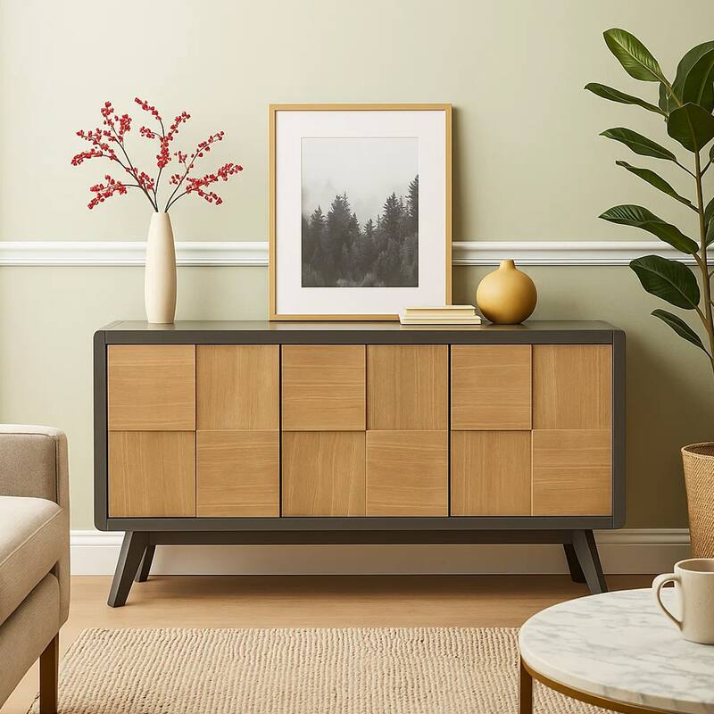 Yodo Sideboard Buffet Console, 59 Inch, Brown Geometric Front Design