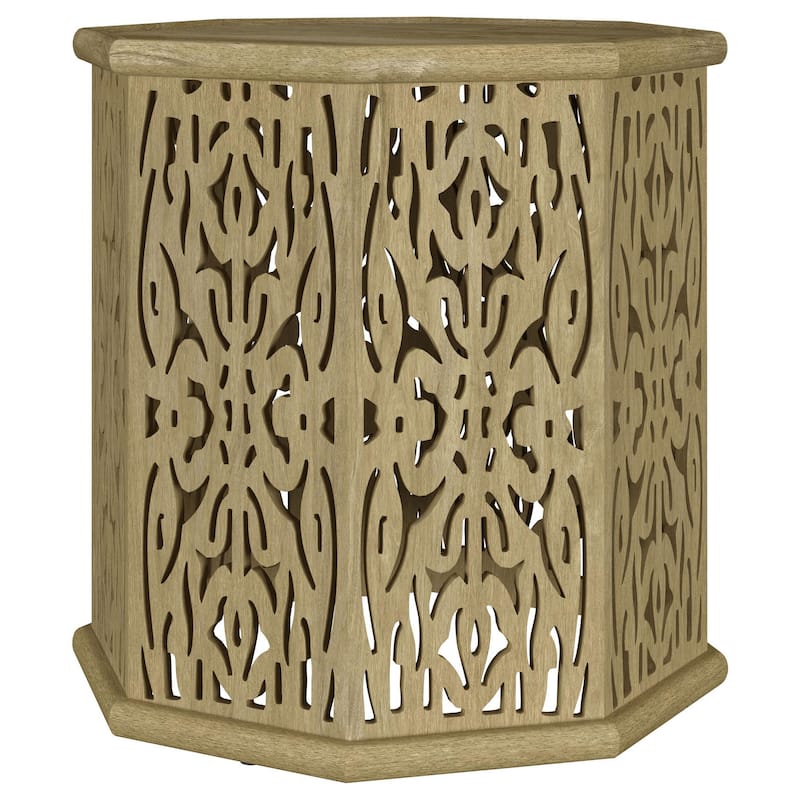 Ores Accent Side Table with Intricate Carvings, Brown Mango Wood
