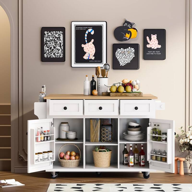 Roomfitters Kitchen Cart with Rubber wood Drop-Leaf Countertop, 5-Wheel Kitchen Island with Storage Cabinet & 3 Drawers