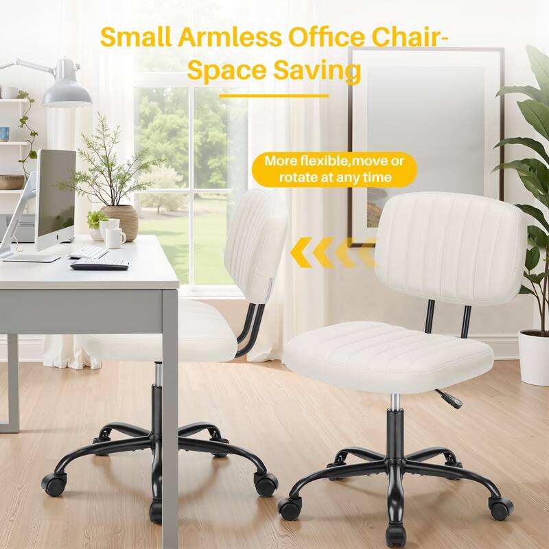 Small Armless Office Desk Chair with Wheels and Low Back Lumbar Support, Comfy Cute PU Leather Vanity Rolling Swivel Task Chair