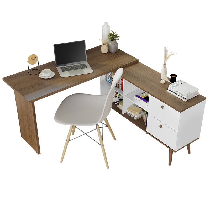 Madesa Modern L Shaped Desk 59 Inch with 2 Drawers and 4 Storage Shelves Home Office Corner Study Table- White/Brown