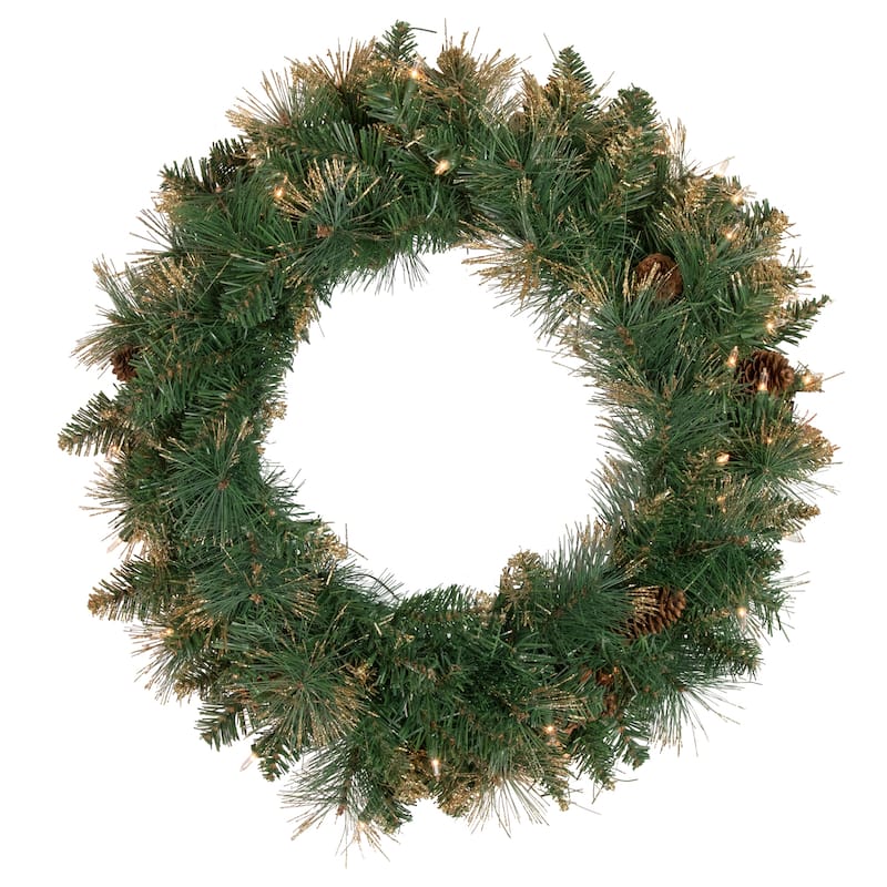 Pre-Lit Yorkshire Pine Artificial Christmas Wreath 24-Inch Clear Lights - 24"