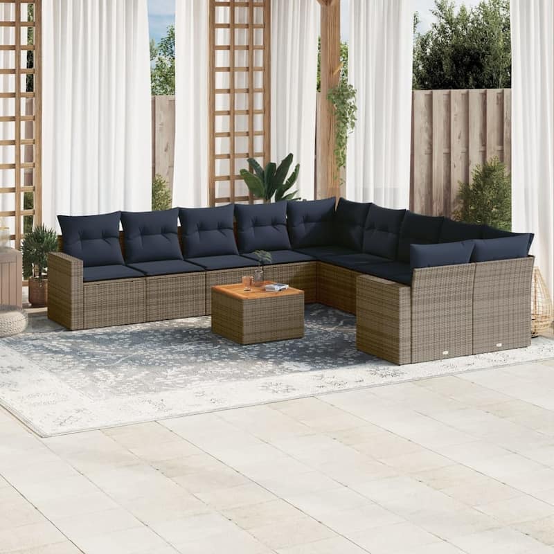 vidaXL 11 Piece Patio Sofa Set with Cushions Grey Poly Rattan - 24.4" x 24.4" x 27.2" - Grey - form4