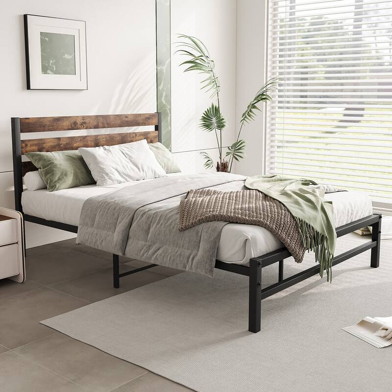 Metal Low Profile Platform Bed with Rustic Vintage Wood Headboard