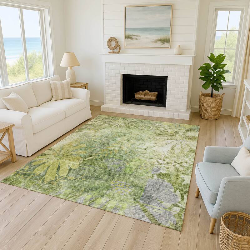 Machine Washable Indoor/ Outdoor Modern Floral Chantille Rug
