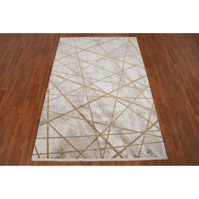 Machine Made Oriental Polyester Carpet Modern Geometric Beige & Ivories Modern Area Rug - 7' 5'' X 5' 2''
