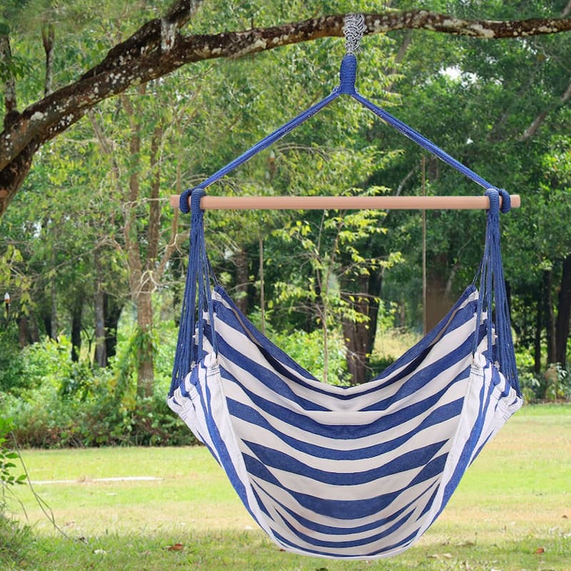 Cotton Canvas Swing Seat Hanging Hammock Chair with Pillows and Wooden Bar for Indoor or Outdoor - 39” x 51”