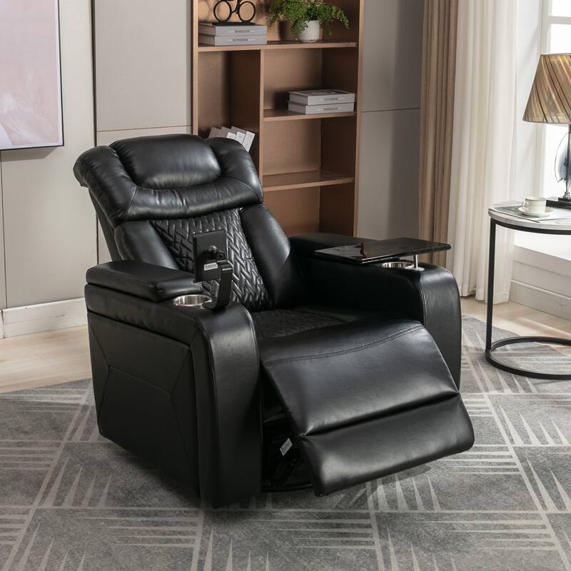 Roomfitters Swivel PU Leather Power Recliner Home Theater Recliner with Tray Table USB Port and Cup Holder