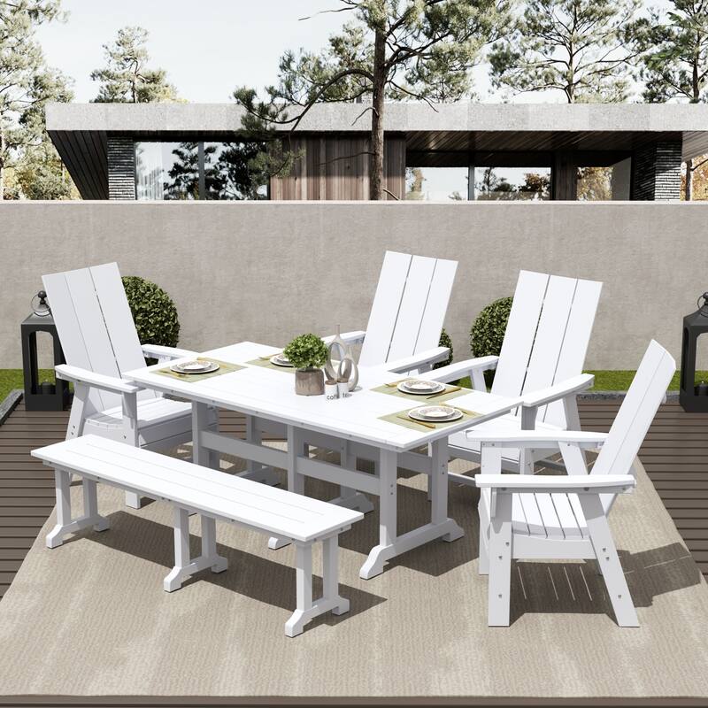 Shoreside 6-Piece Rectangular Poly Eco-Friendly All Weather Outdoor Dining Set with Bench - White