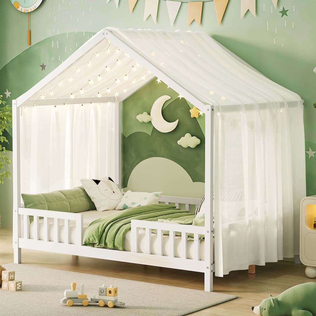 House-Shaped Full Bed Frame with Canopy and Railings for Kids, White