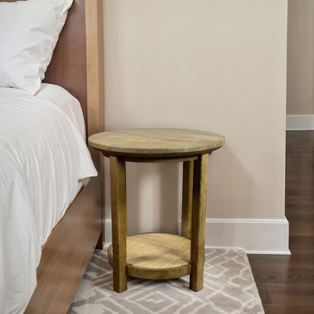 Haven 20″ Round Accent Table with Handwoven 1 Cane Shelf – Vintage Blonde Acacia Finish Wooden Side Table