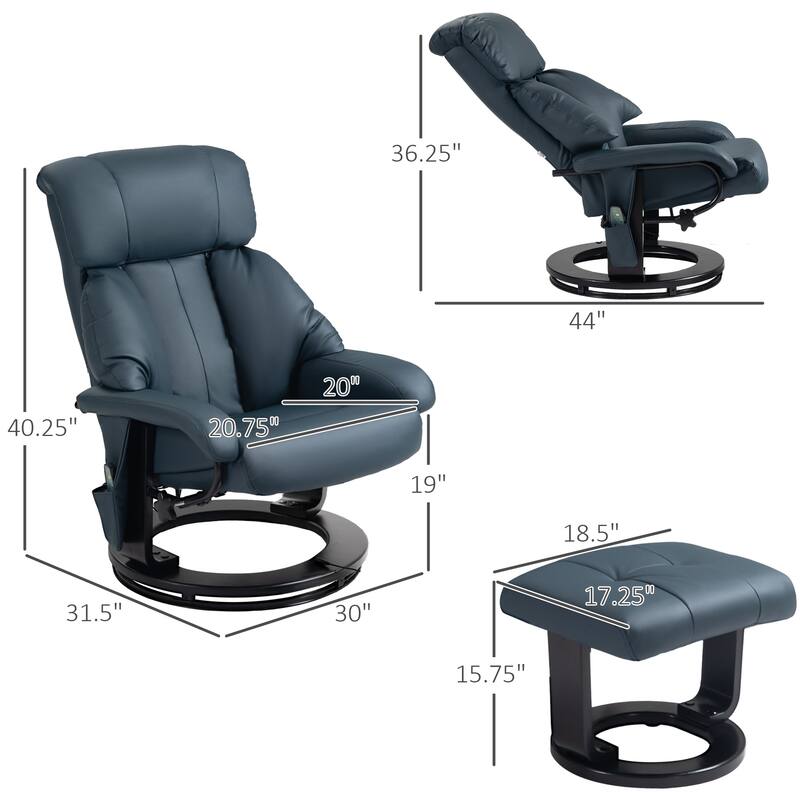 PU Leather Vibration Massage Recliners , with Footrest and Side Pockets, Manual Tilt Backrest Adjustment and 360° Rotating Base