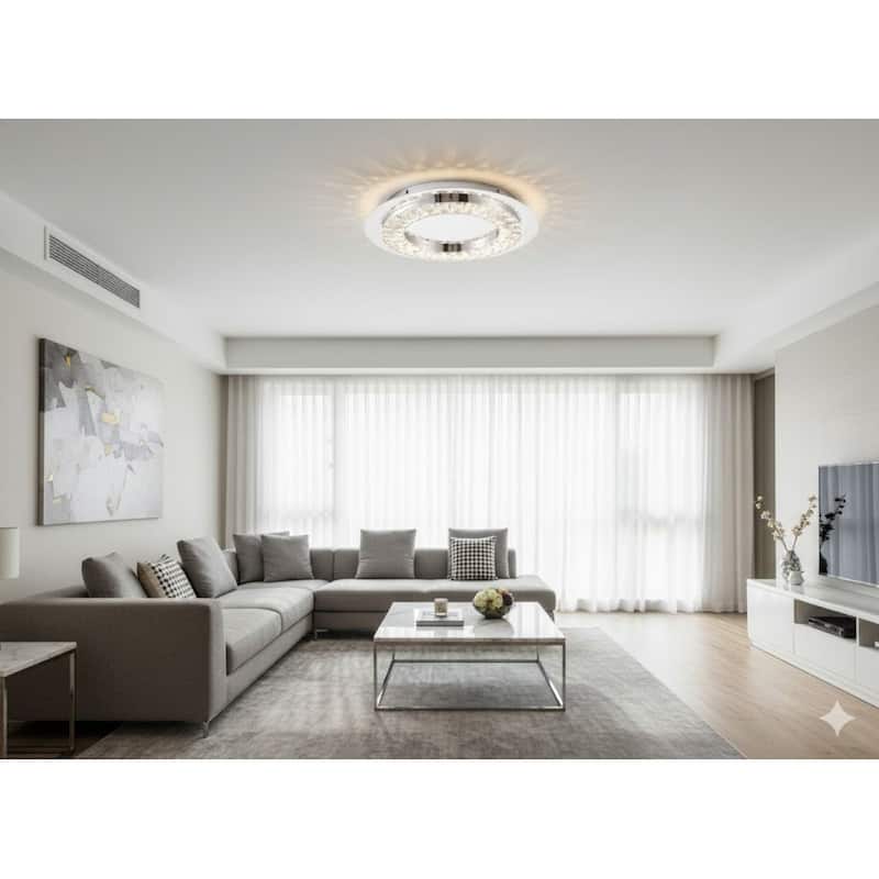 LED Chrome Flush Mount With Clear Crystal Accents - 14.9
